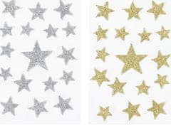 LAALU Sada 2 dekorácií: okenné samolepky hviezdy strieborné, zlaté 15 cm