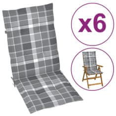 Vidaxl Podložky na záhradné stoličky 6 ks sivý kockovaný vzor 120x50x4 cm