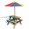 Detský piknikový stôl + lavičky a slnečník, rôznofarebný, drevo