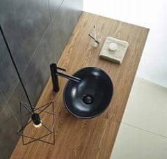 MUVU Umývadlo na dosku, kúpeľňové umývadlo, okrúhly, keramické umývadlo, matný čierny, 41x33 cm, REBIKO
