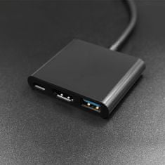 Qoltec Adaptér USB 3.1 typ C samec | HDMI A samica + USB 3.0 typ A samica + USB 3.1 typ C PD | 0,2 m | Čierna